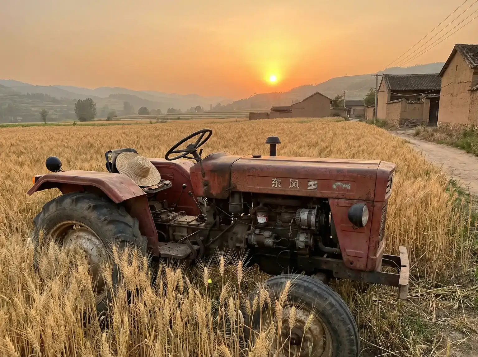 夕阳下的老式拖拉机停在麦田边 - 桃木乃香奈 instagram 田间记忆